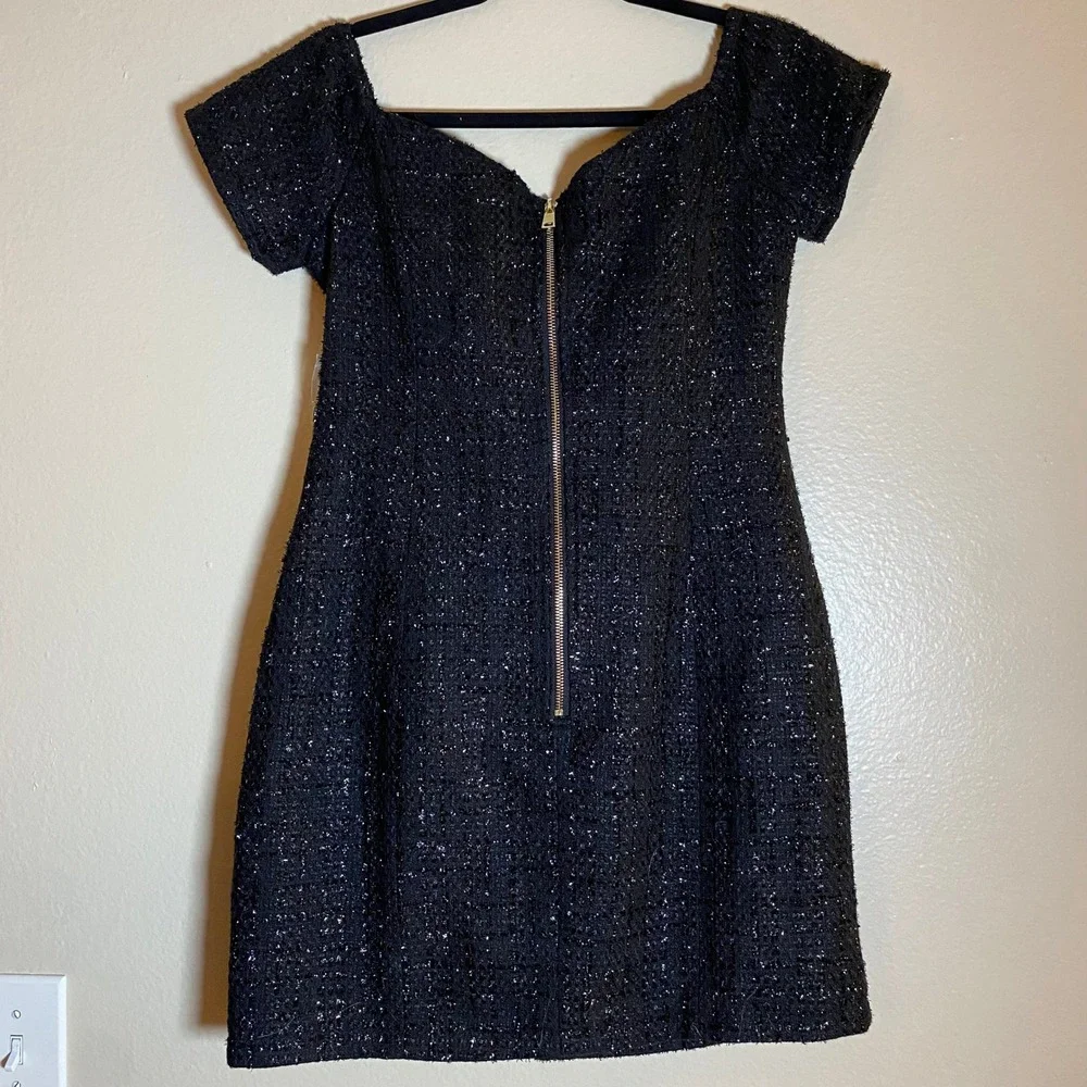 AQUA Black Tweed Mini Dress Off Shoulder Party Cocktail Rhinestone Buttons M - Picture 5 of 16